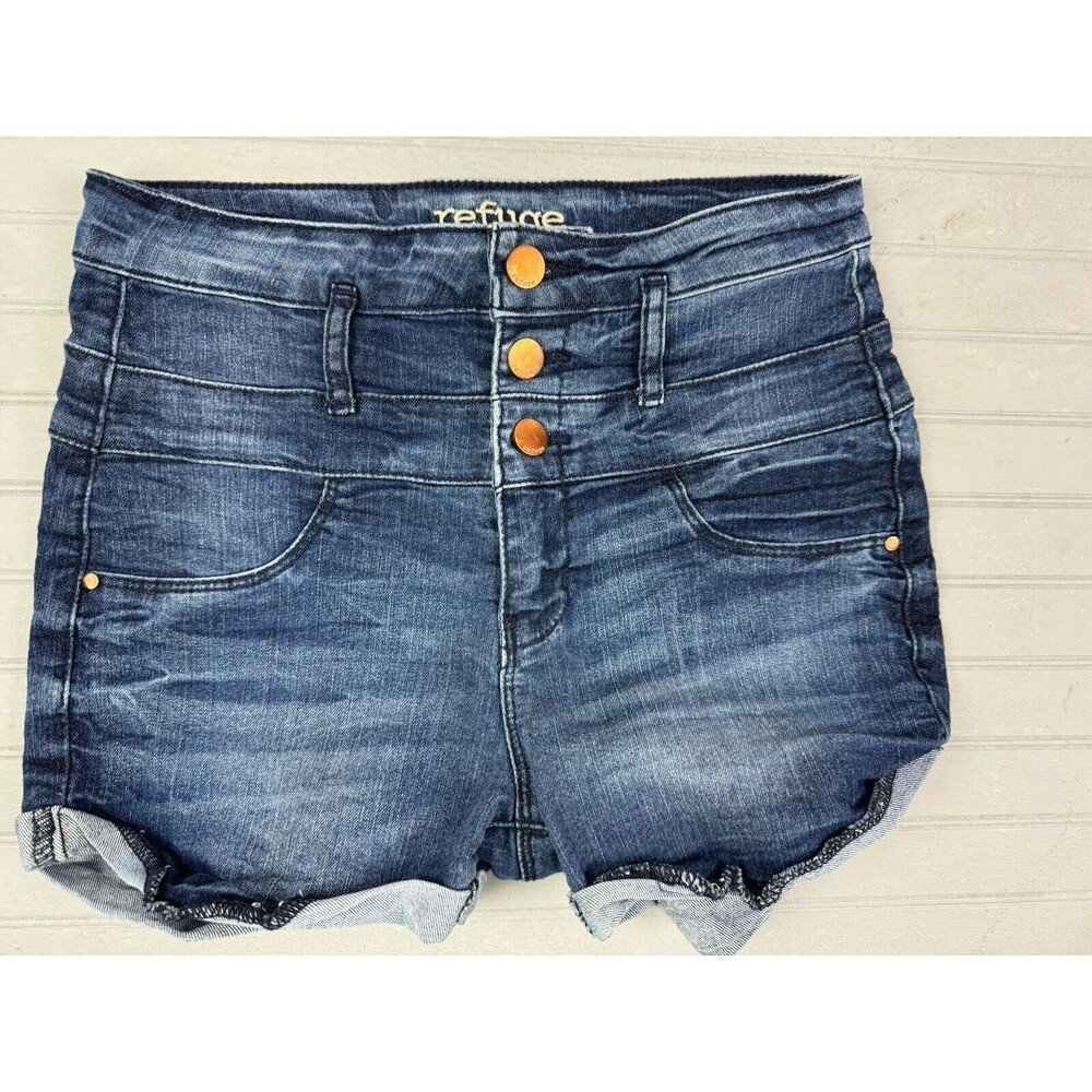 Refuge Size 6 Womens Shorts Denim Jean Mid Rise Stretch Dark Wash Rolled Cuff